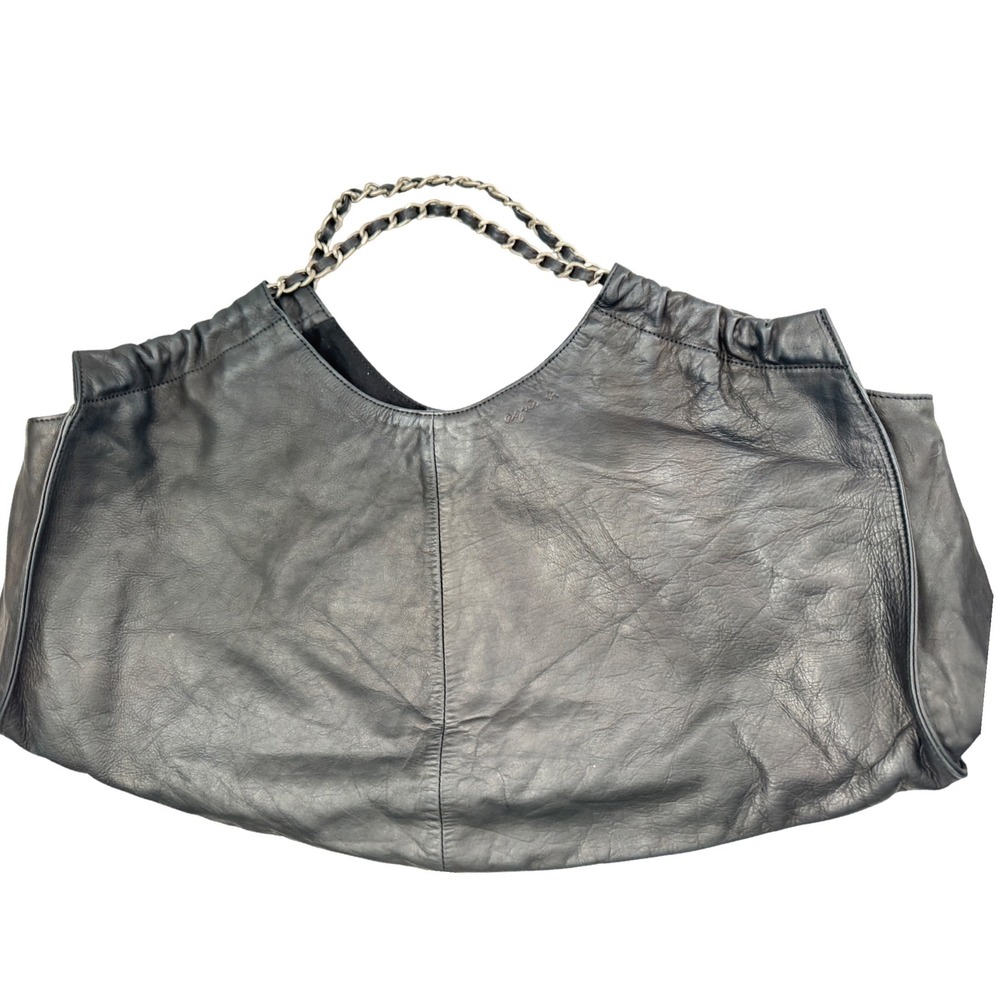 Agnes b. Voyage Black Leather Hobo Bag Silver Chain Handle Slouchy Shoulder Bag